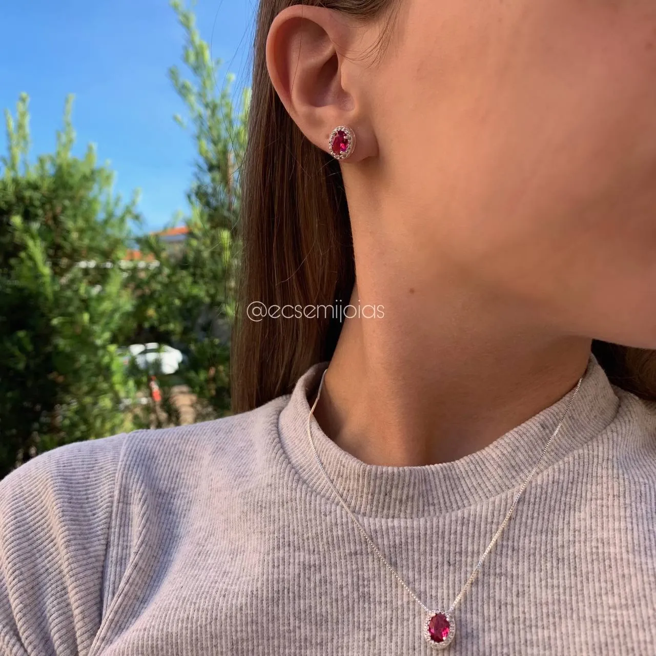Conjunto de brinco e colar pedra oval cravejada em volta -banhado a prata 925- coleção love colors
