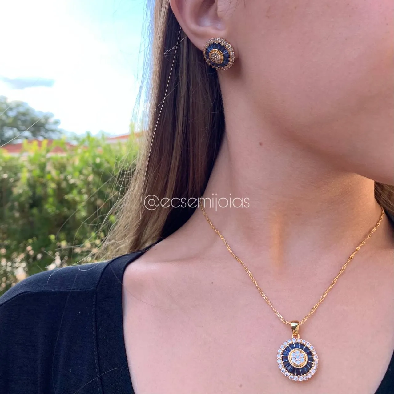Conjunto de brinco e colar pizza com zircônia baguete - banhado a ouro 18k