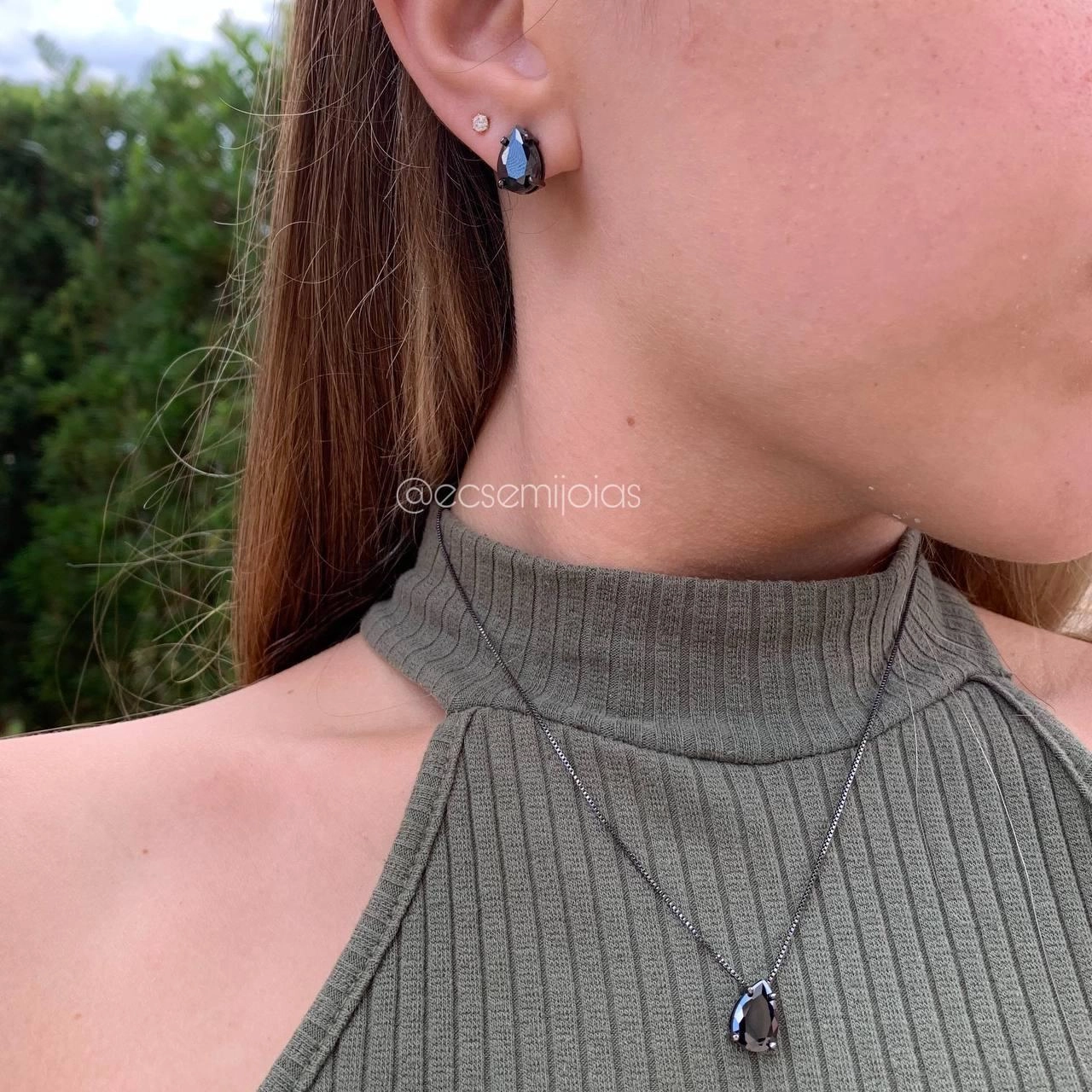 Conjunto pedra gota menor - banhado a ródio negro
