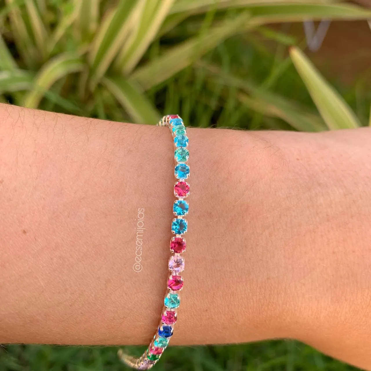 Pulseira riviera com pedra redonda - banhado a prata 925  -18 cm - coleção love colors
