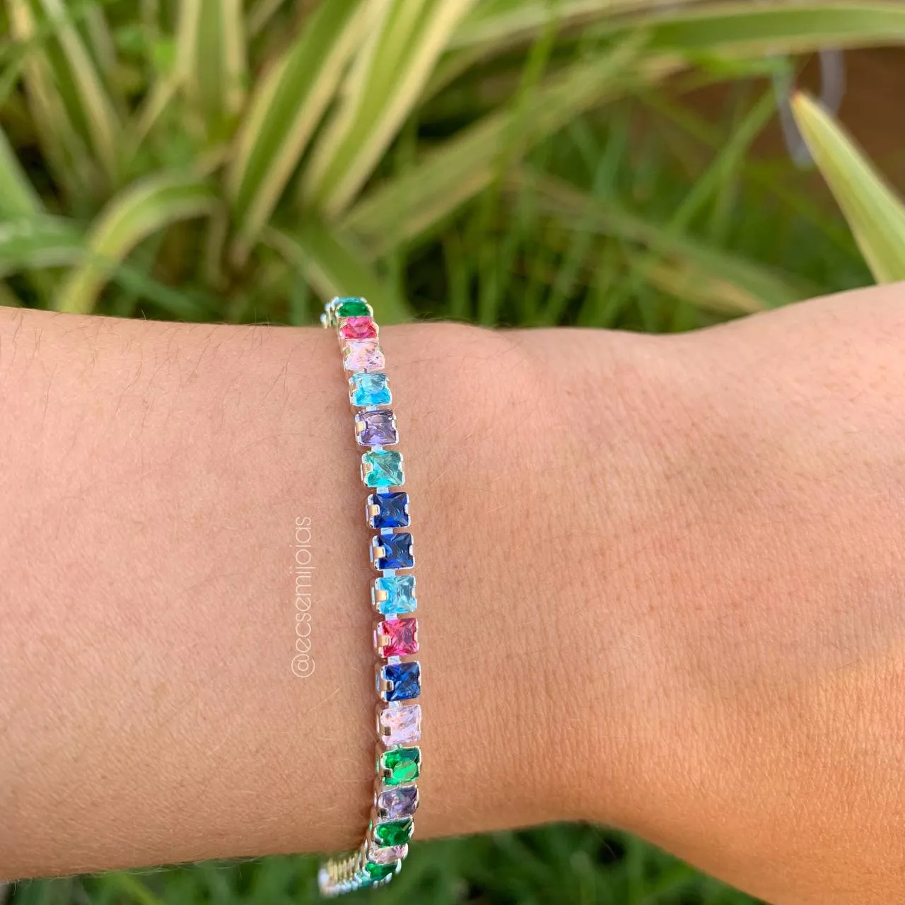 Pulseira riviera com zircônia baguete - banhado a prata 925 -18 cm - coleção love colors
