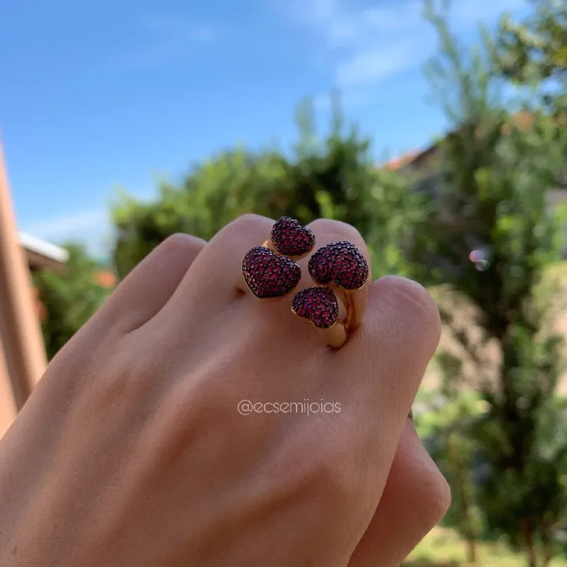 Anel 4 corações cravejados - banhado a ouro 18k