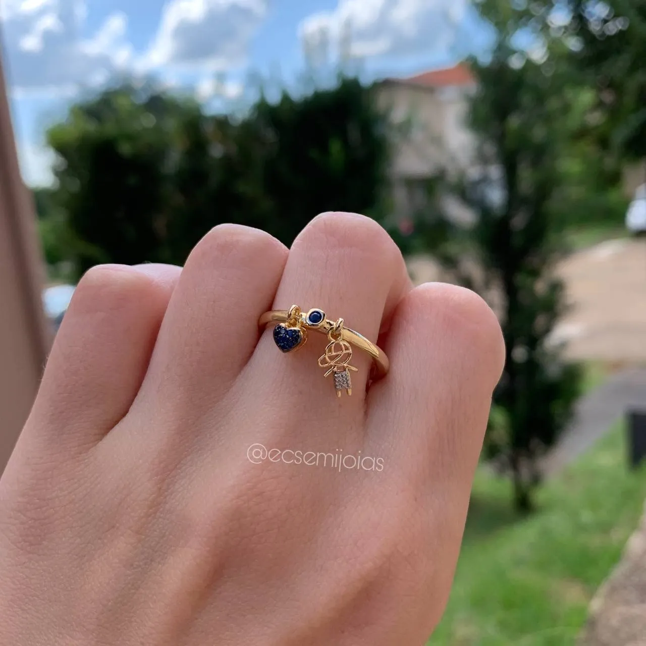 Anel menino coração e pedra - banhado a ouro 18k