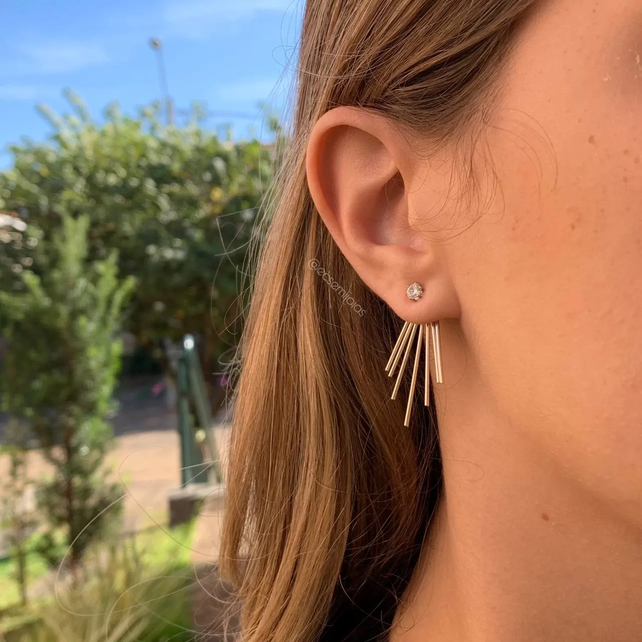 Brinco ear jacket  fio e ponto de luz - ródio branco