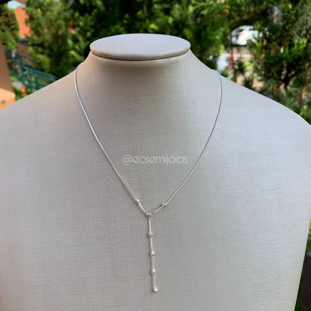 Colar choker gravata com pontos de luz - PRATA 925