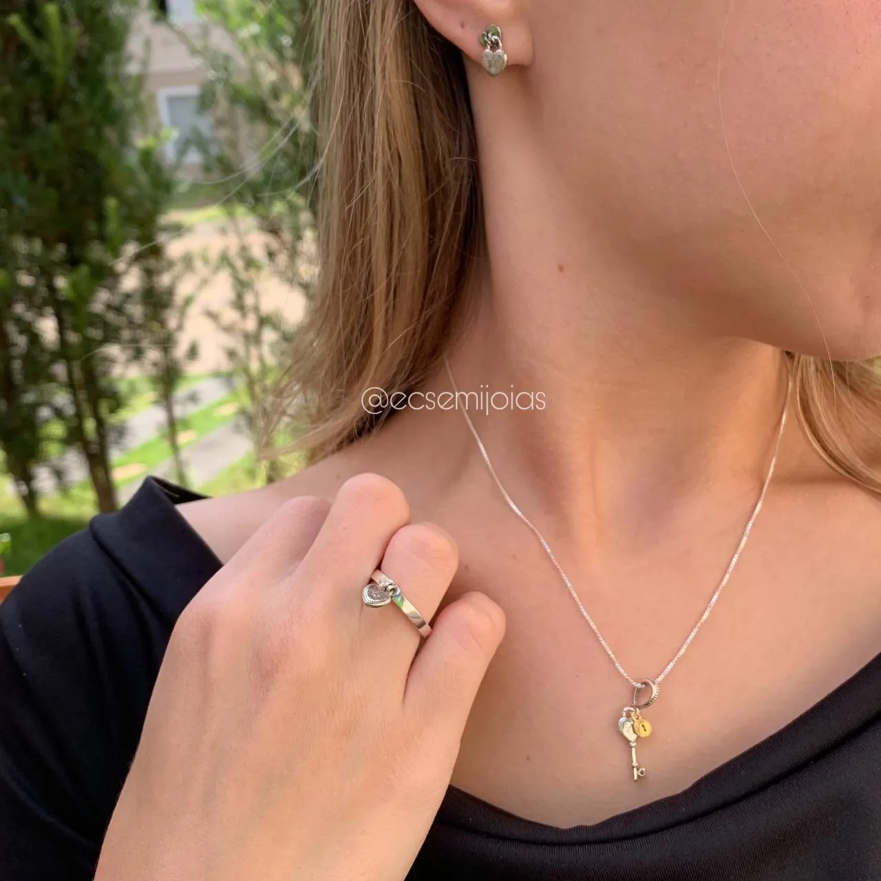 Conjunto brinco, colar e anel chave e cadeado - PRATA 925