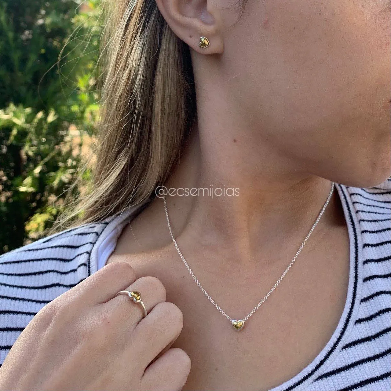 Conjunto brinco, colar e anel coração liso - PRATA 925