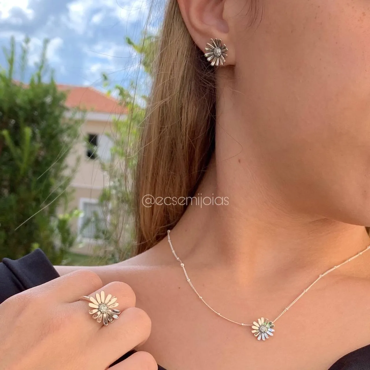 Conjunto brinco, colar e anel de margarida - PRATA 925