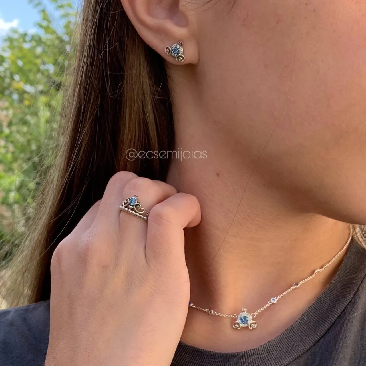 Conjunto brinco, colar e anel de princesa  - PRATA 925