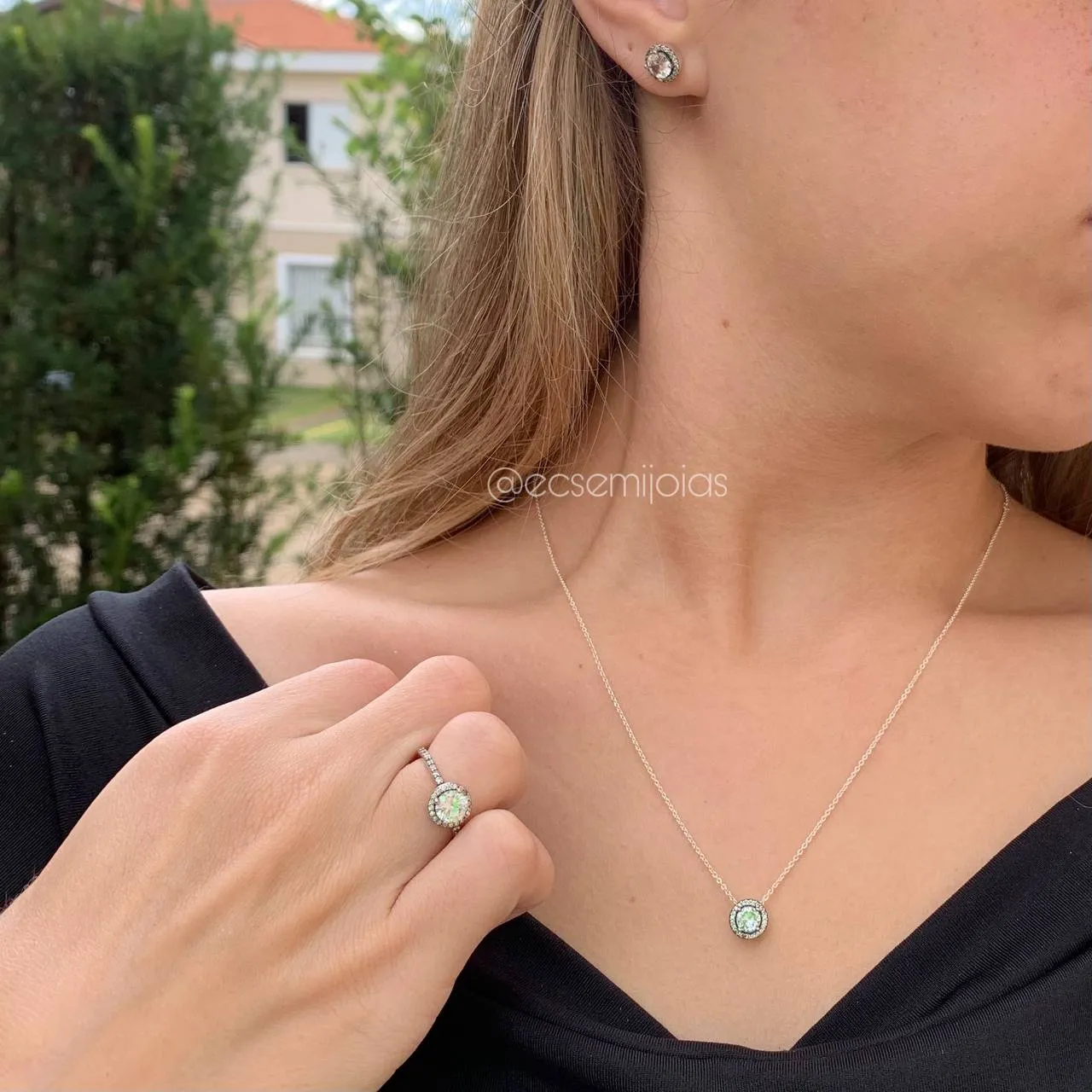 Conjunto brinco, colar e anel redondo cravejado  - PRATA 925