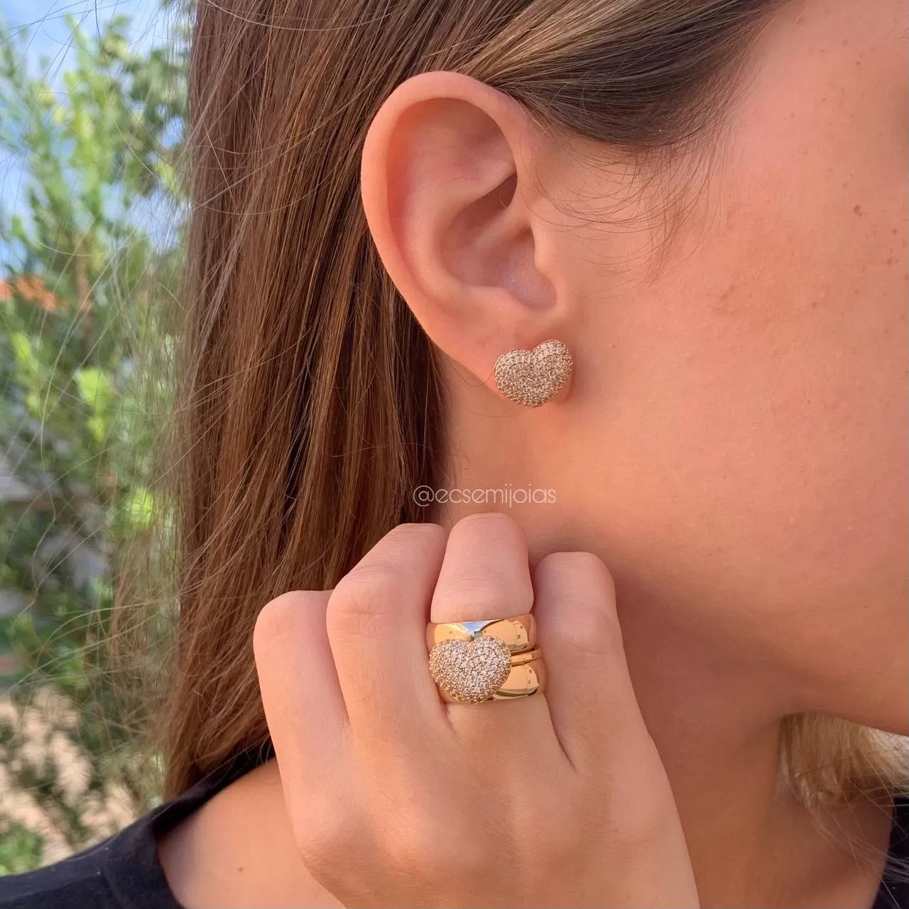 Conjunto brinco e anel de coração - banhado a ouro 18k