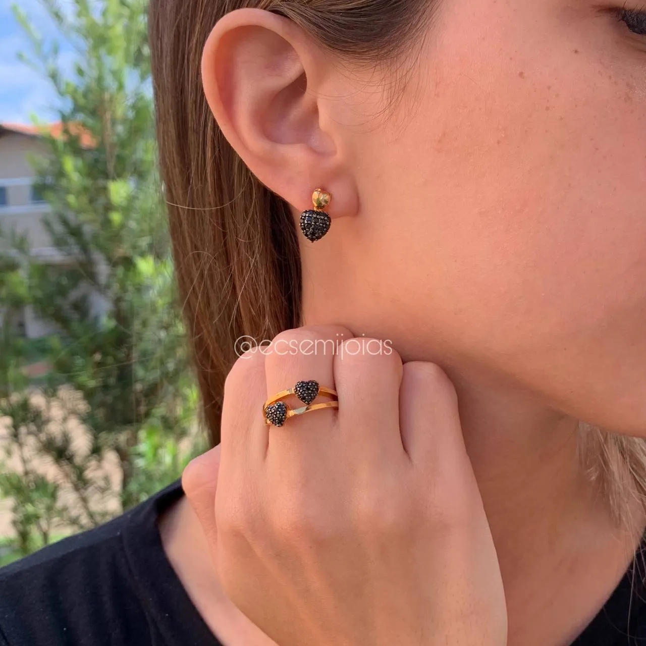 Conjunto brinco e anel de coração cravejado  - banhado a ouro 18k