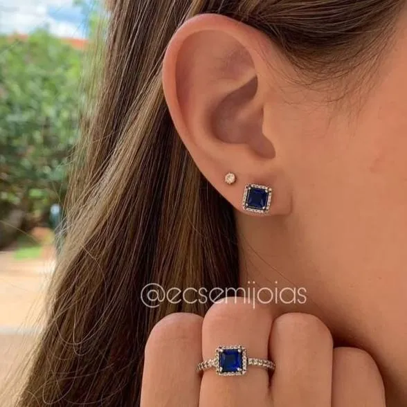 Conjunto brinco e anel quadrado com cravejado em volta - PRATA 925