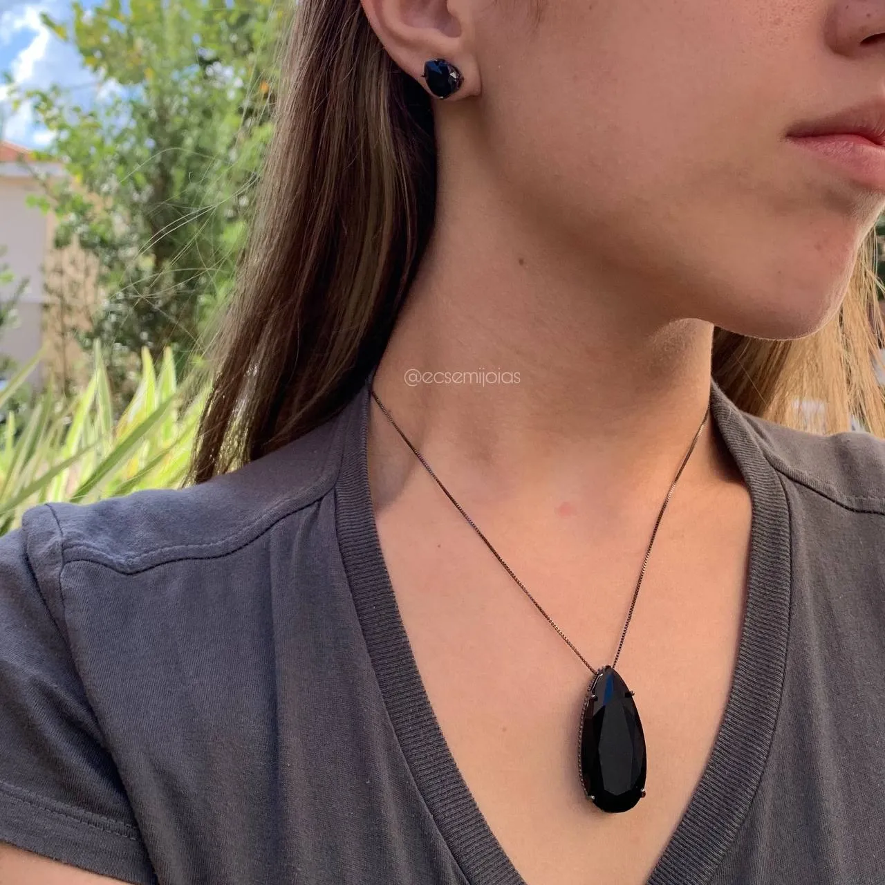 Conjunto brinco e colar gota grande pingente e brinco gota menor - banhado a ródio negro