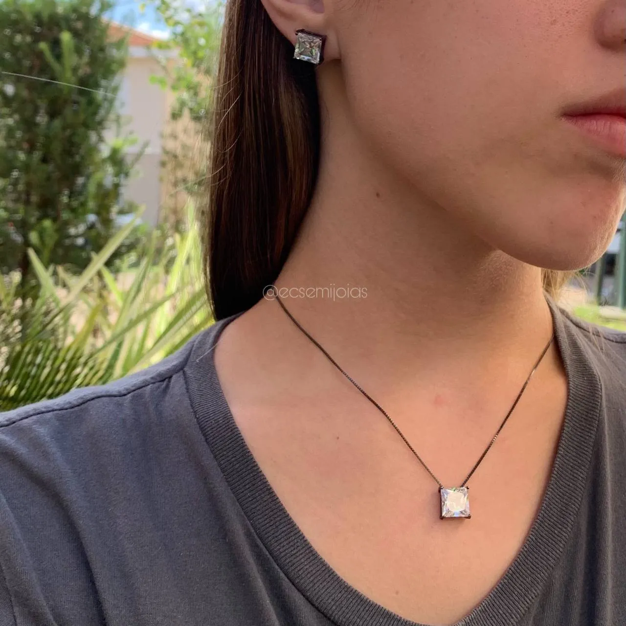 Conjunto brinco e colar ponto de luz quadrado maior - banhado a ródio negro