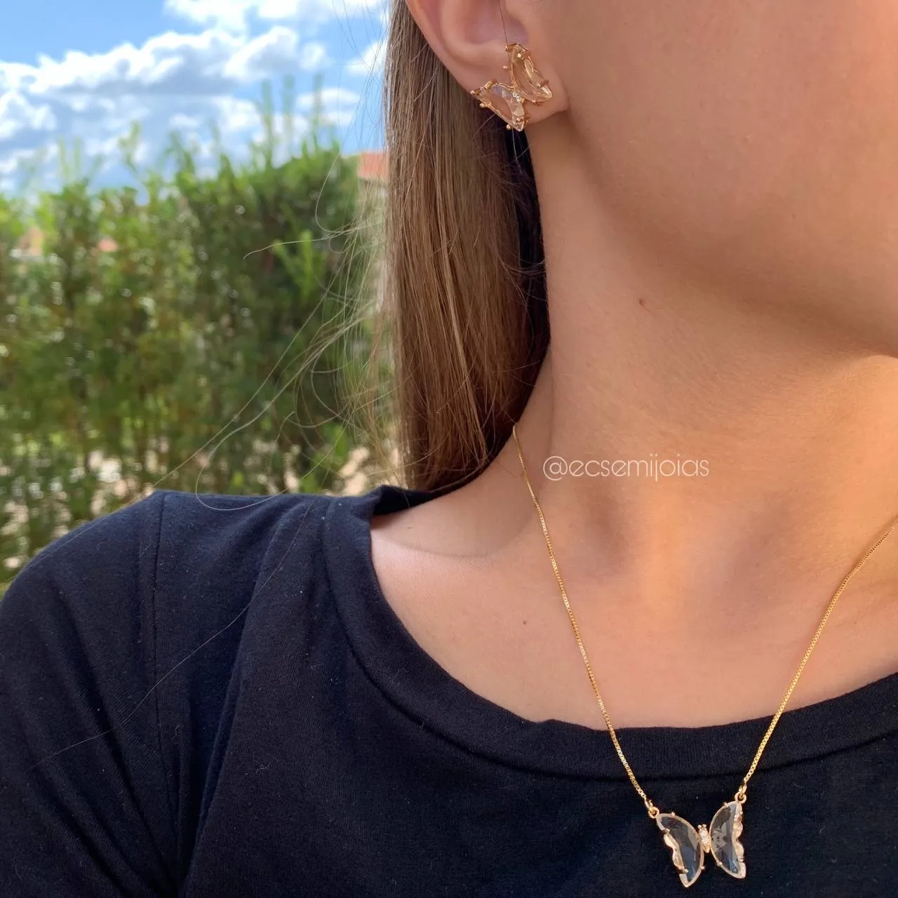 Conjunto de brinco e colar de borboleta - banhado a ouro 18k
