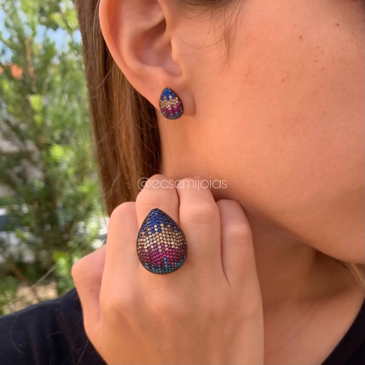 Conjunto gota cravejado - banhado a ouro 18k