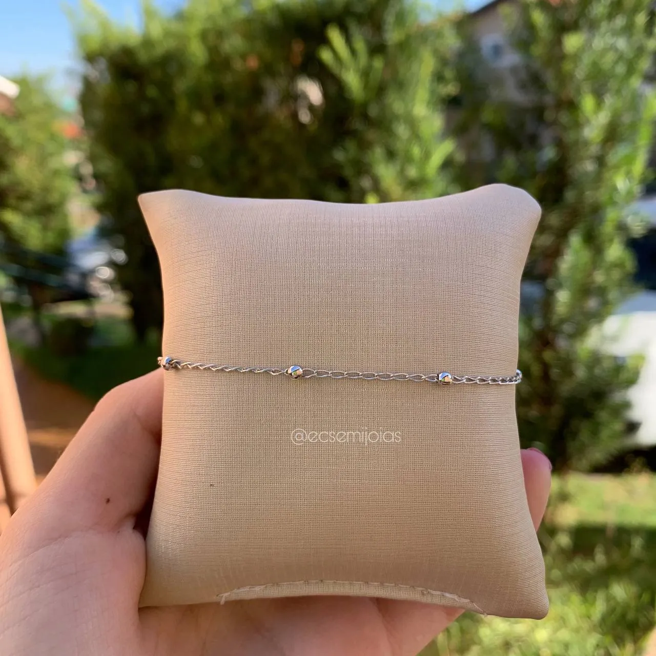 Pulseira infantil bolinha c/ elos entrelaçados - 14 cm - banhado a ródio branco