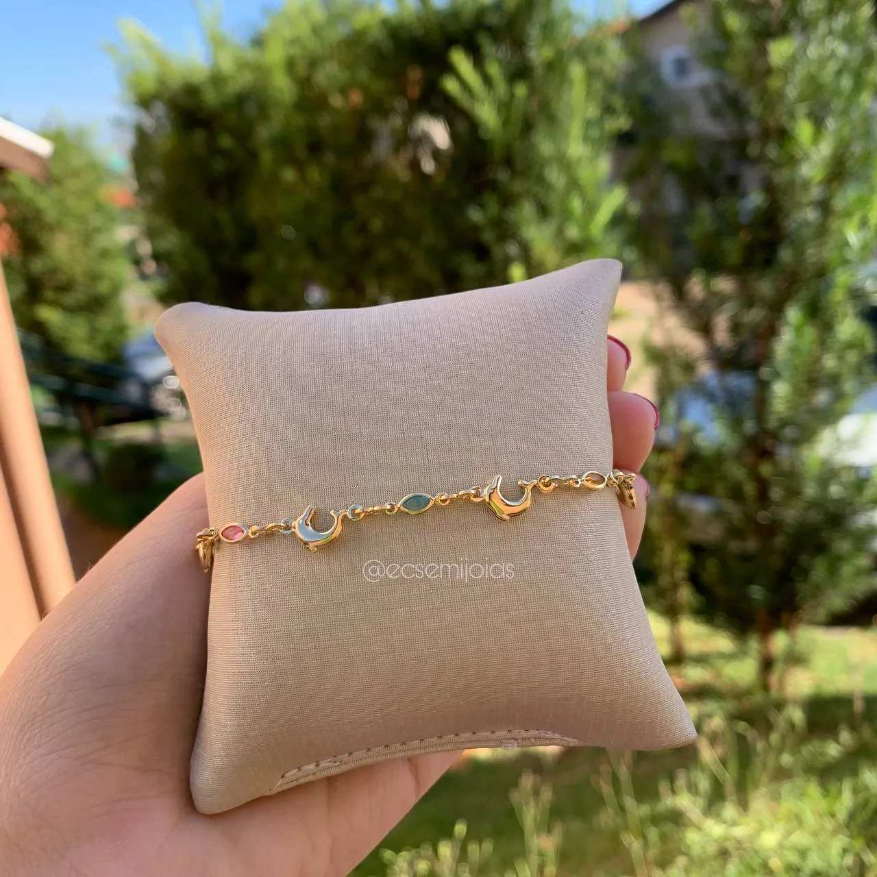 Pulseira infantil golfinhos e pedras colorida navete - 18 cm - banhado a ouro 18k