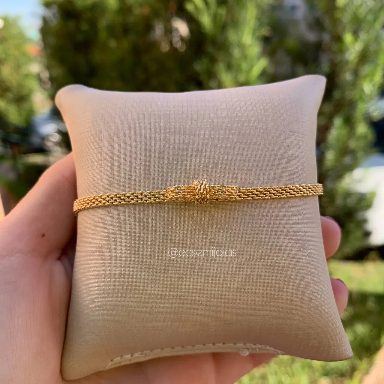 Pulseira infantil malha trançada laço - 14 cm - banhado a ouro 18k