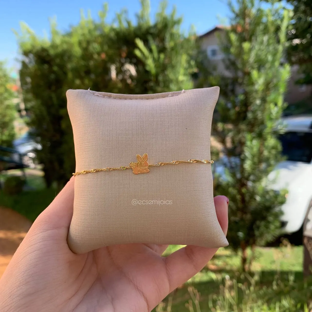 Pulseira infantil singapura com coelhinho - 15 cm - banhado a ouro 18k