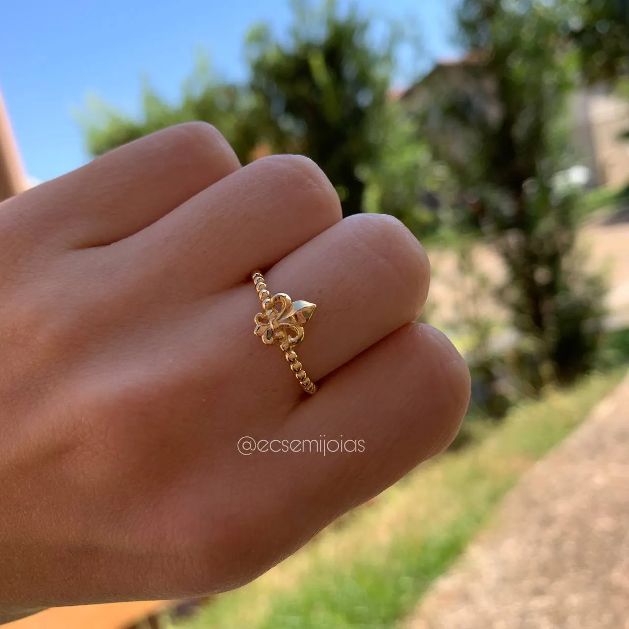 Anel aro fino bolinhado com brasão - banhado a ouro 18k