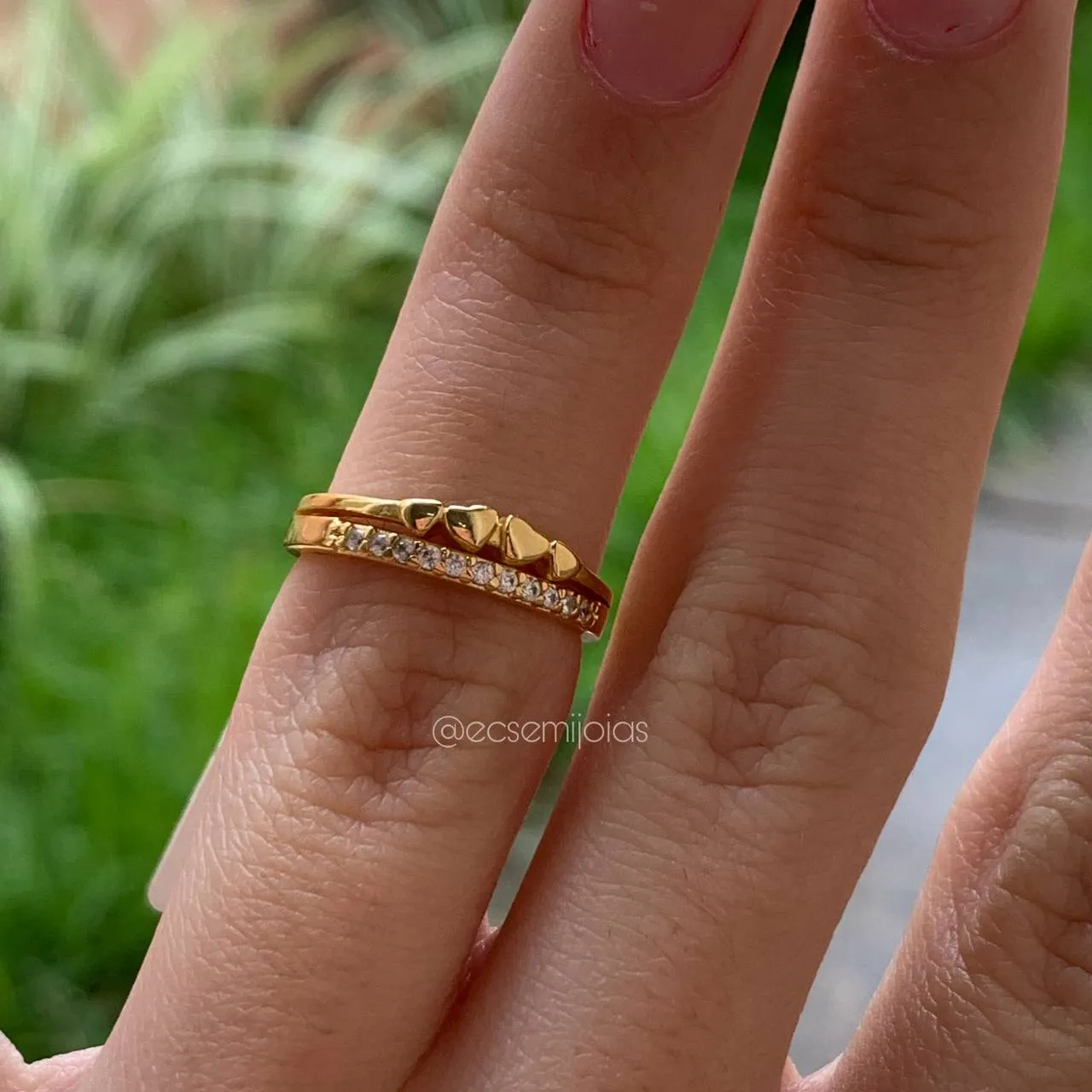 Anel falange 3 coração e filete cravejado - banhado a ouro 18k