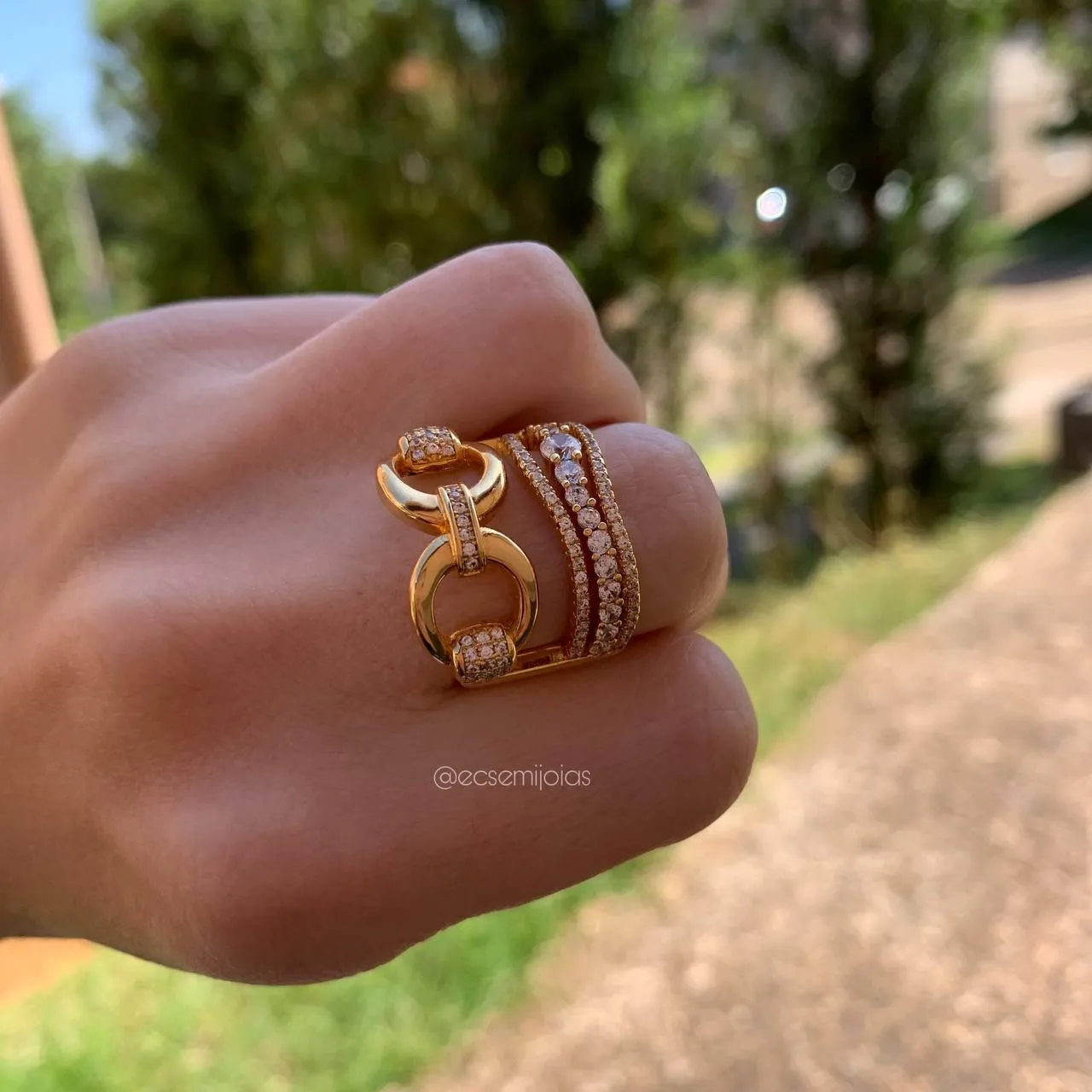 Anel largo elos de correntes cravejado - banhado a ouro 18k
