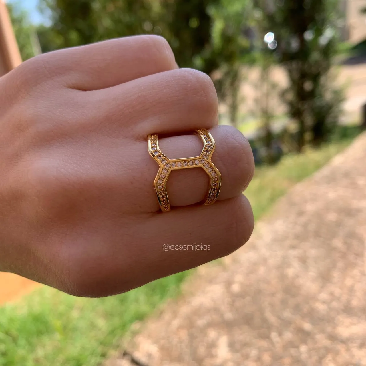 Anel x 2 aros cravejado -  banhado a ouro 18k