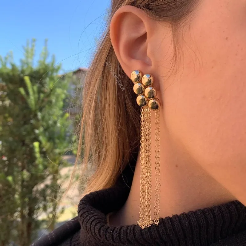 Brinco 6 bolas com franja    - banhado a ouro 18k