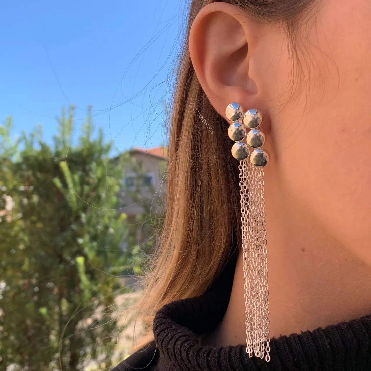 Brinco 6 bolas com franja    - banhado a prata 925
