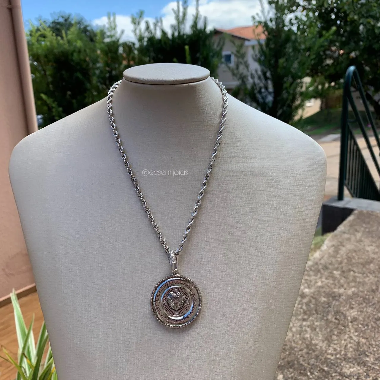 Colar cordão baiano com pingente - banhado a ródio branco