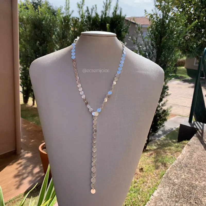 Colar gravata de circulos um atras do outro - 50 cm - banhado a prata 925