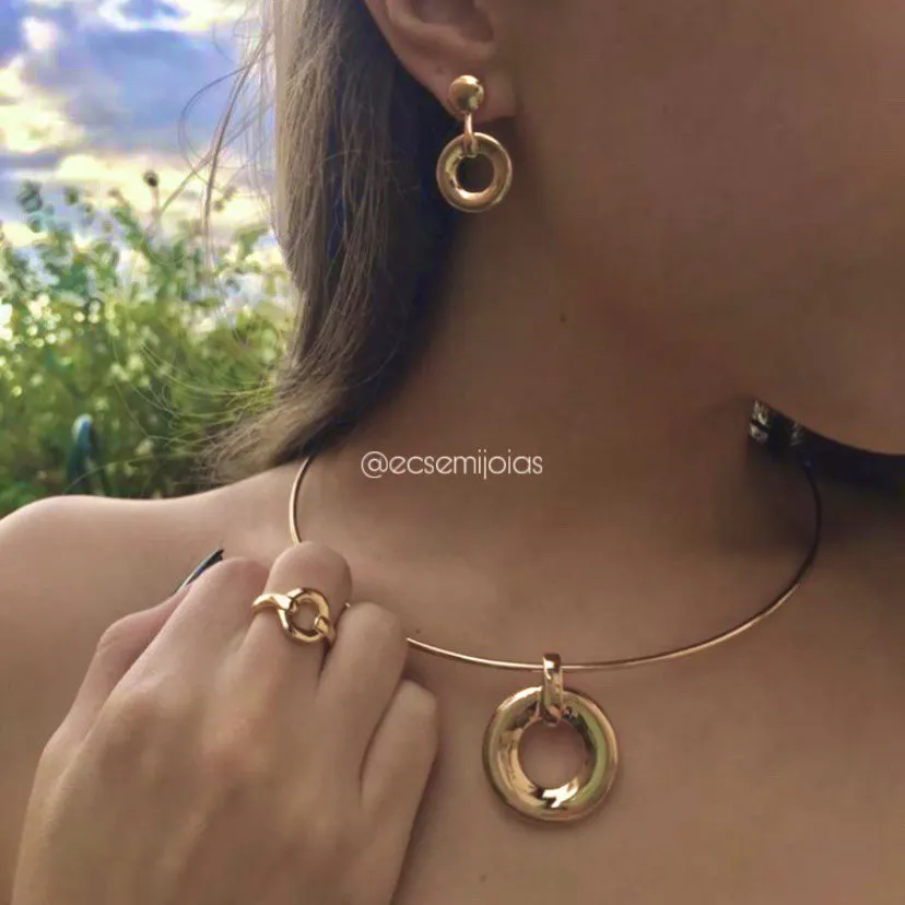 Conjunto brinco, canga e anel de redondo  - banhado a ouro 18k