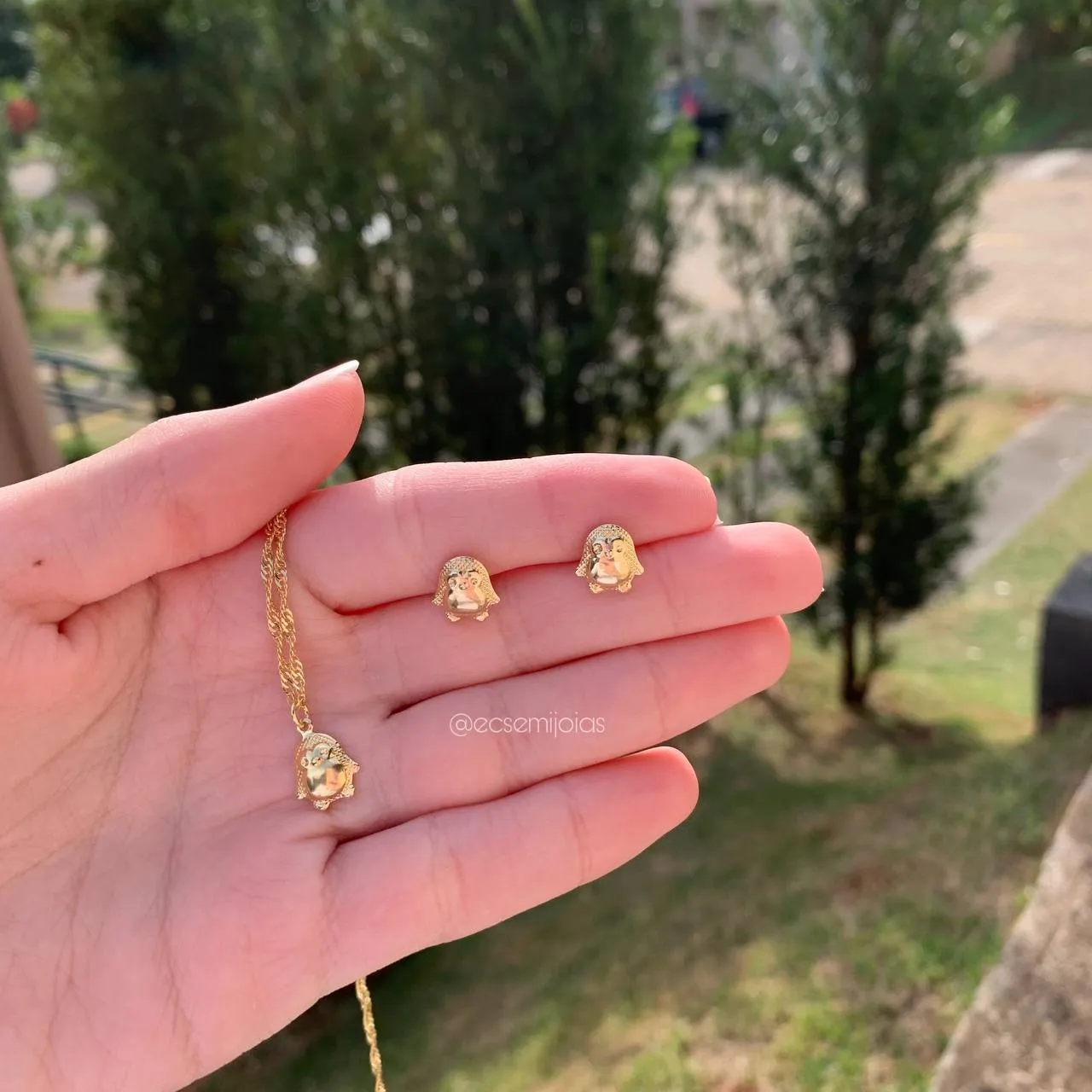Conjunto brinco e colar infantil pinguin - 36 cm- banhado a ouro 18k