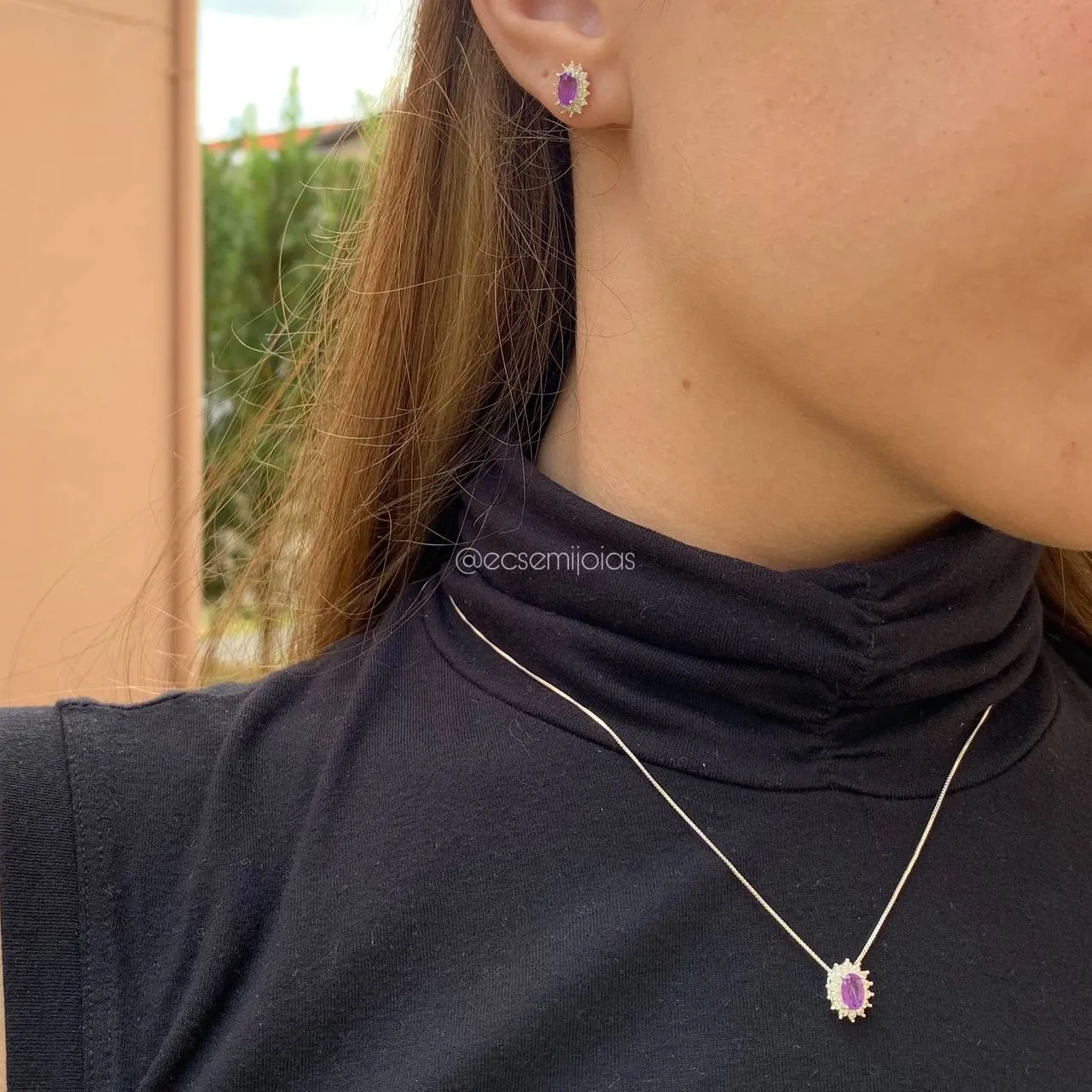 Conjunto brinco e colar pequeno oval pedra fusion cravejado em volta - banhado a prata 925 - 46 cm + 5 cm de extensor