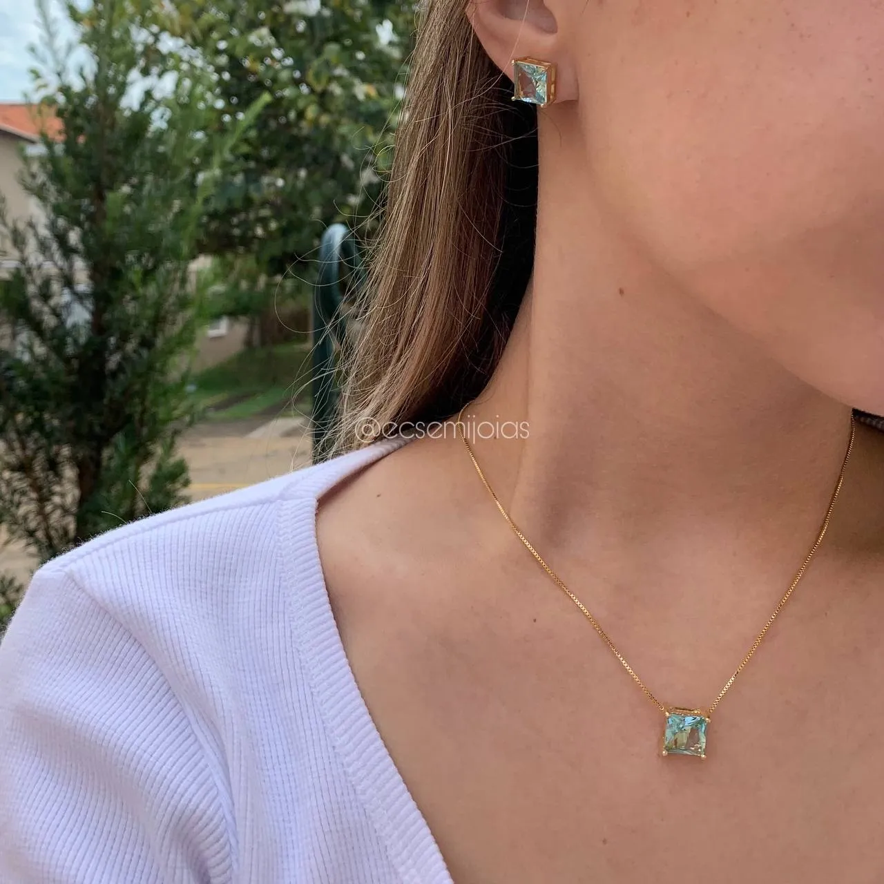 Conjunto brinco e colar ponto de luz quadrado maior - 45 cm - banhado a ouro 18k