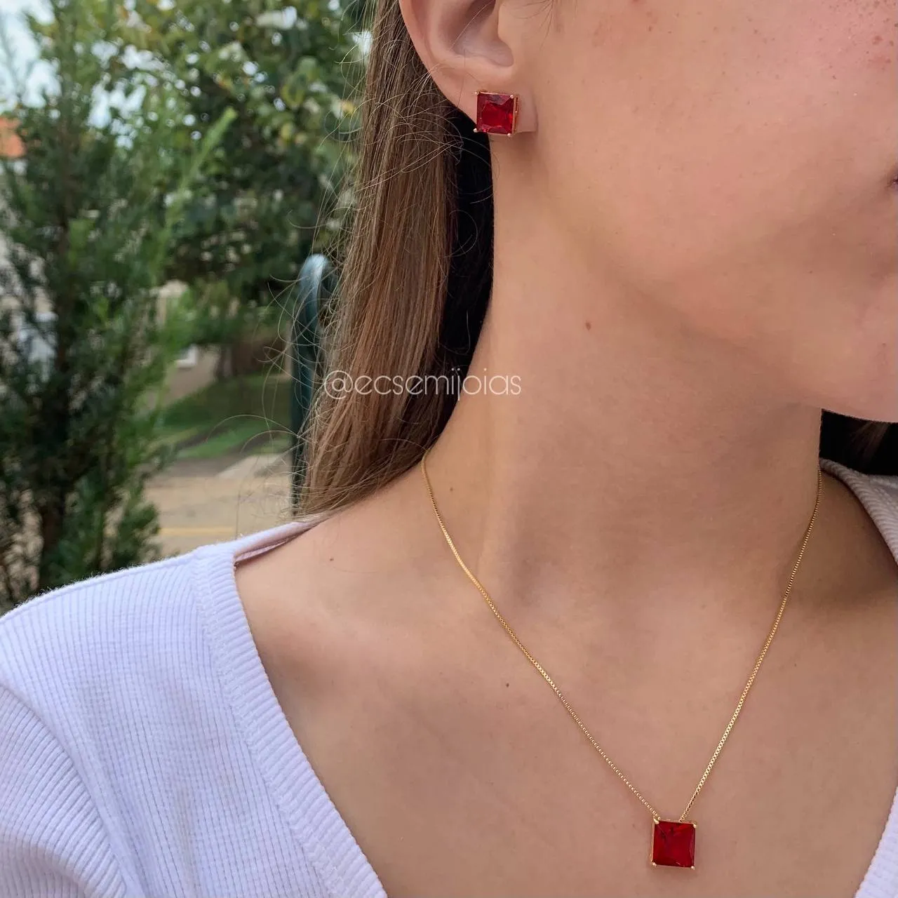 Conjunto brinco e colar ponto de luz quadrado maior - 45 cm - banhado a ouro 18k