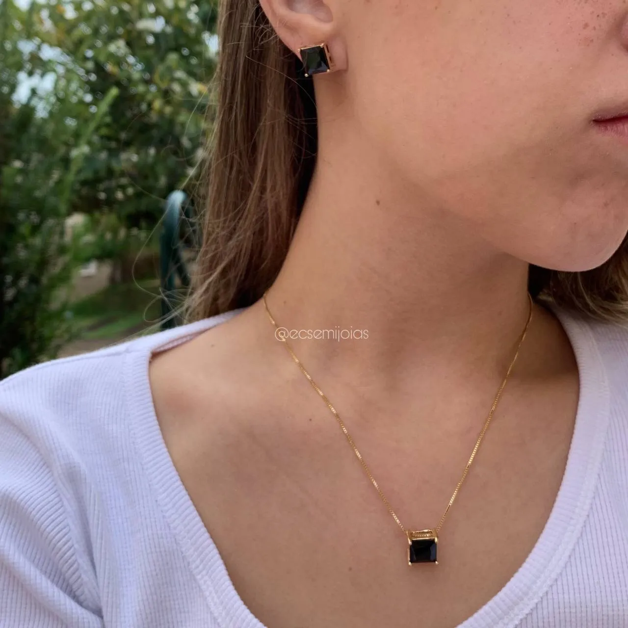 Conjunto brinco e colar ponto de luz quadrado maior - 45 cm - banhado a ouro 18k