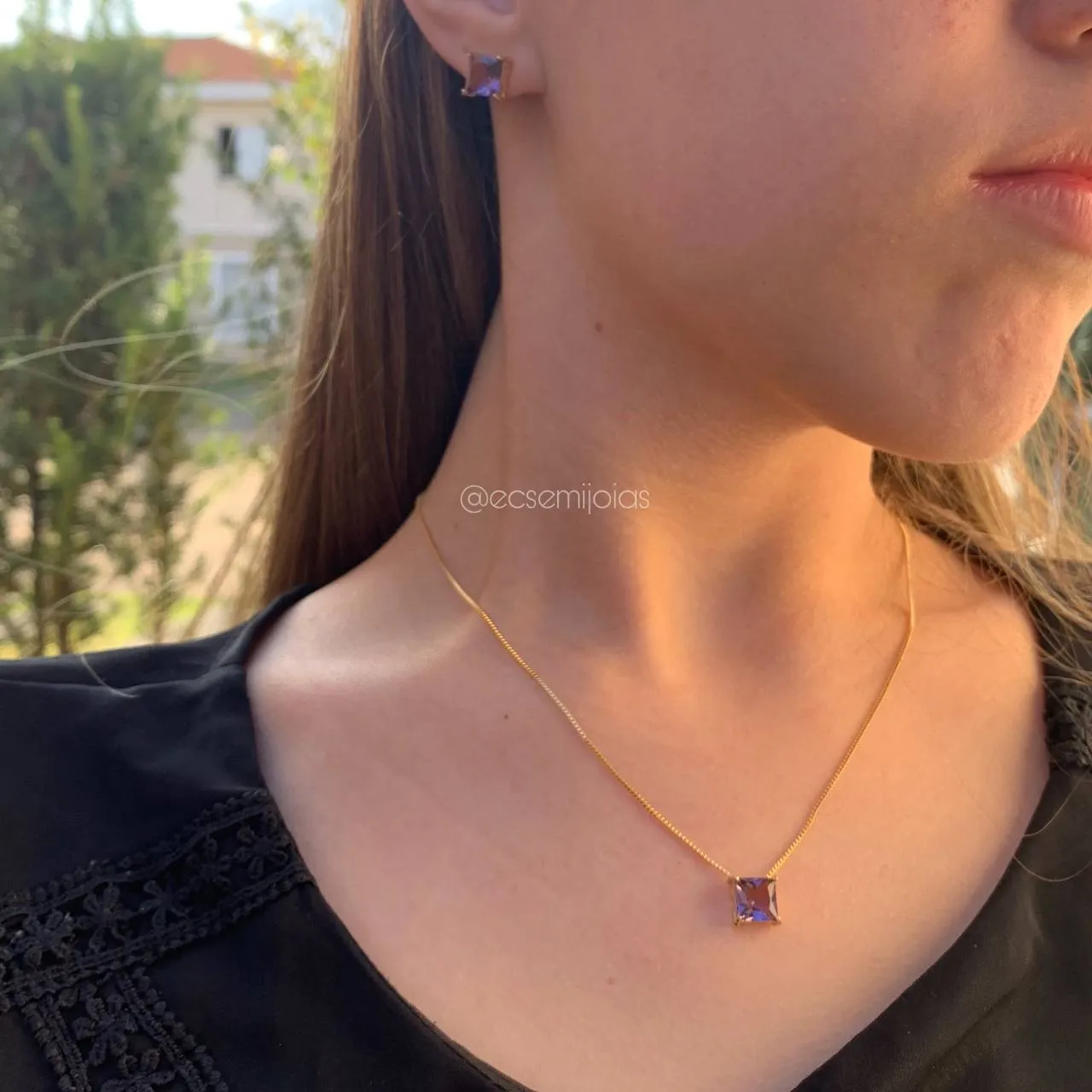 Conjunto brinco e pingente quadradinho de zircônia- 45 cm - banhado  a ouro 18k