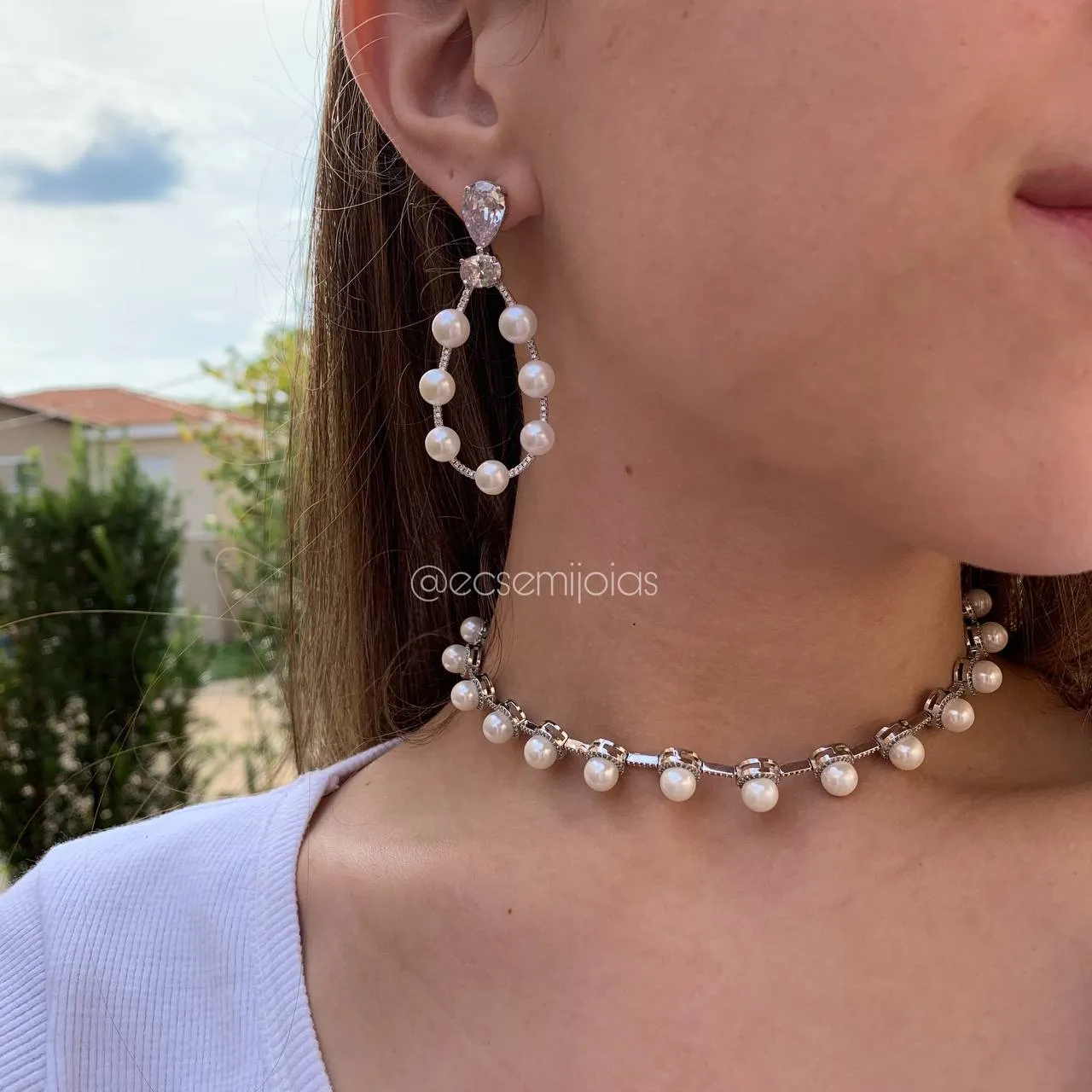 Conjunto de brinco e choker de pérolas - 33 cm + 5 cm - banhado a ródio branco