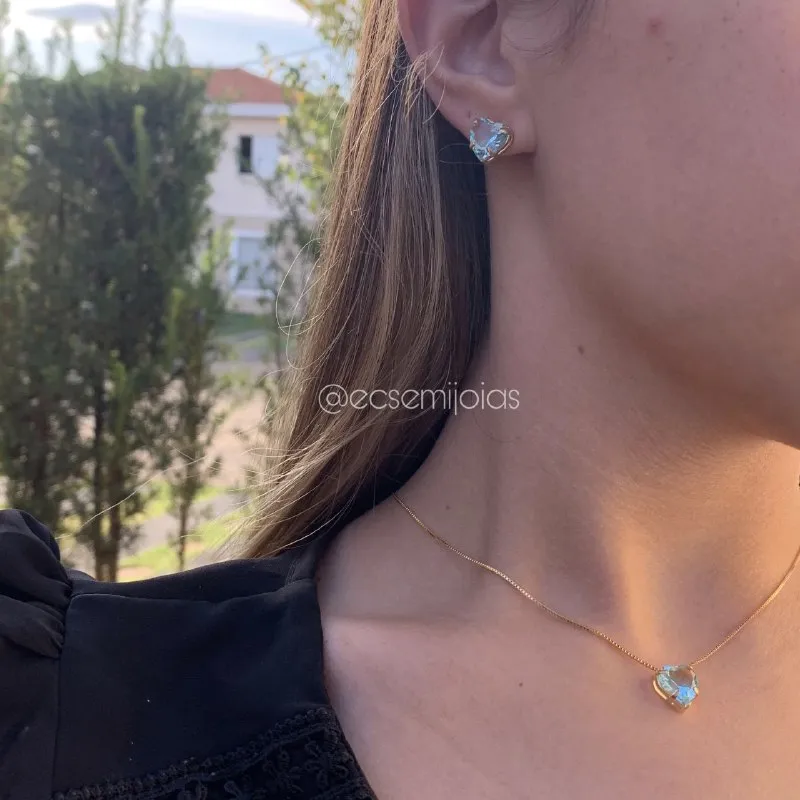 Conjunto de brinco e colar coração de cristal com galeria e 4 garras - 45 cm- banhado a ouro 18k