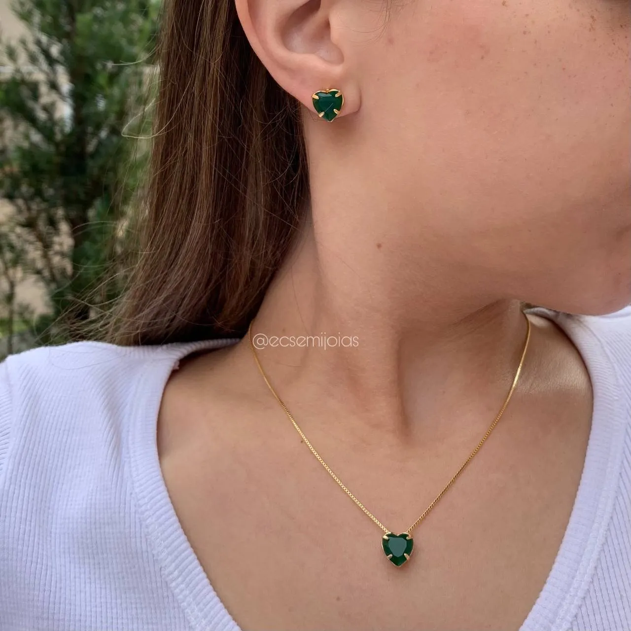 Conjunto de brinco e colar coração de cristal com galeria e 4 garras - 45 cm- banhado a ouro 18k