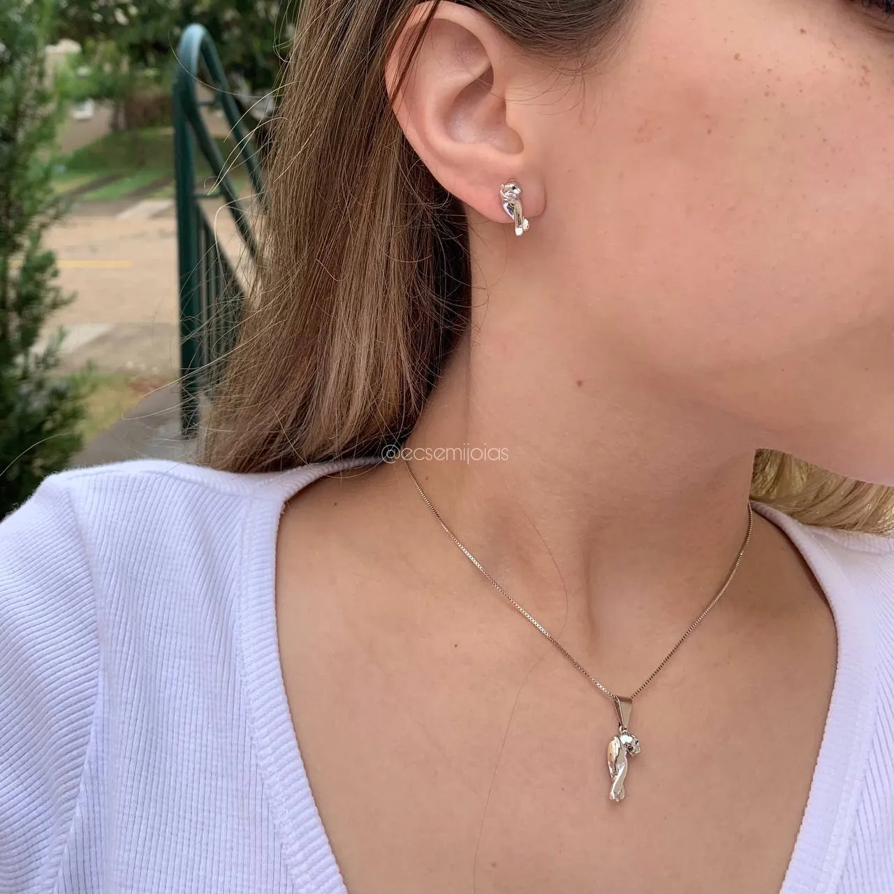 Conjunto de brinco e colar onça - 45 cm- banhado a ródio branco