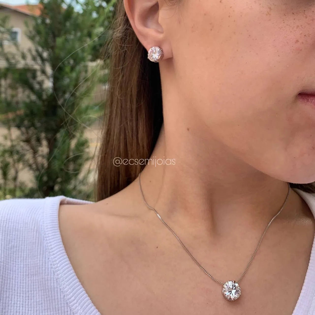 Conjunto de brinco e colar pedra Redonda 10 mm - 45 cm - banhado a ródio branco