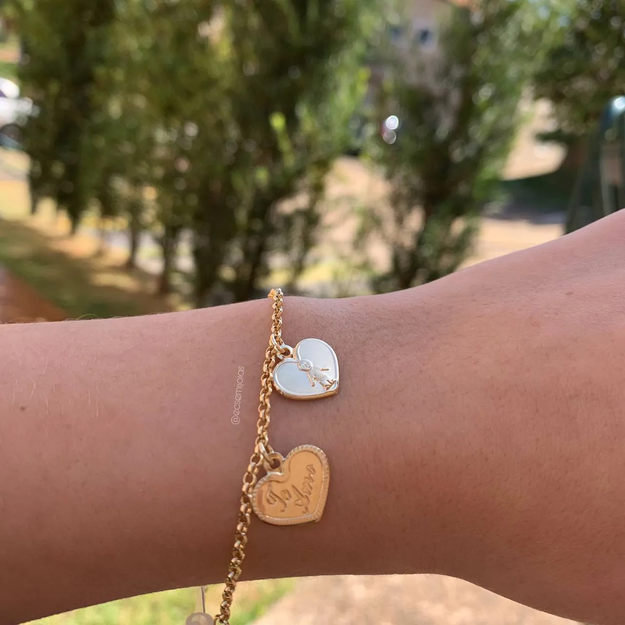 Pulseira 2 corações menino e TE AMO - 18 cm - banhado a ouro 18k