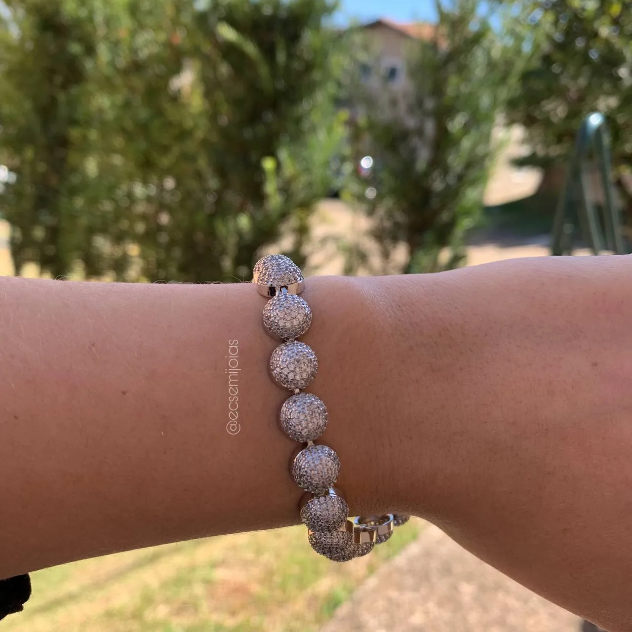 Pulseira bolas cravejadas - 17 cm - banhado a ródio branco