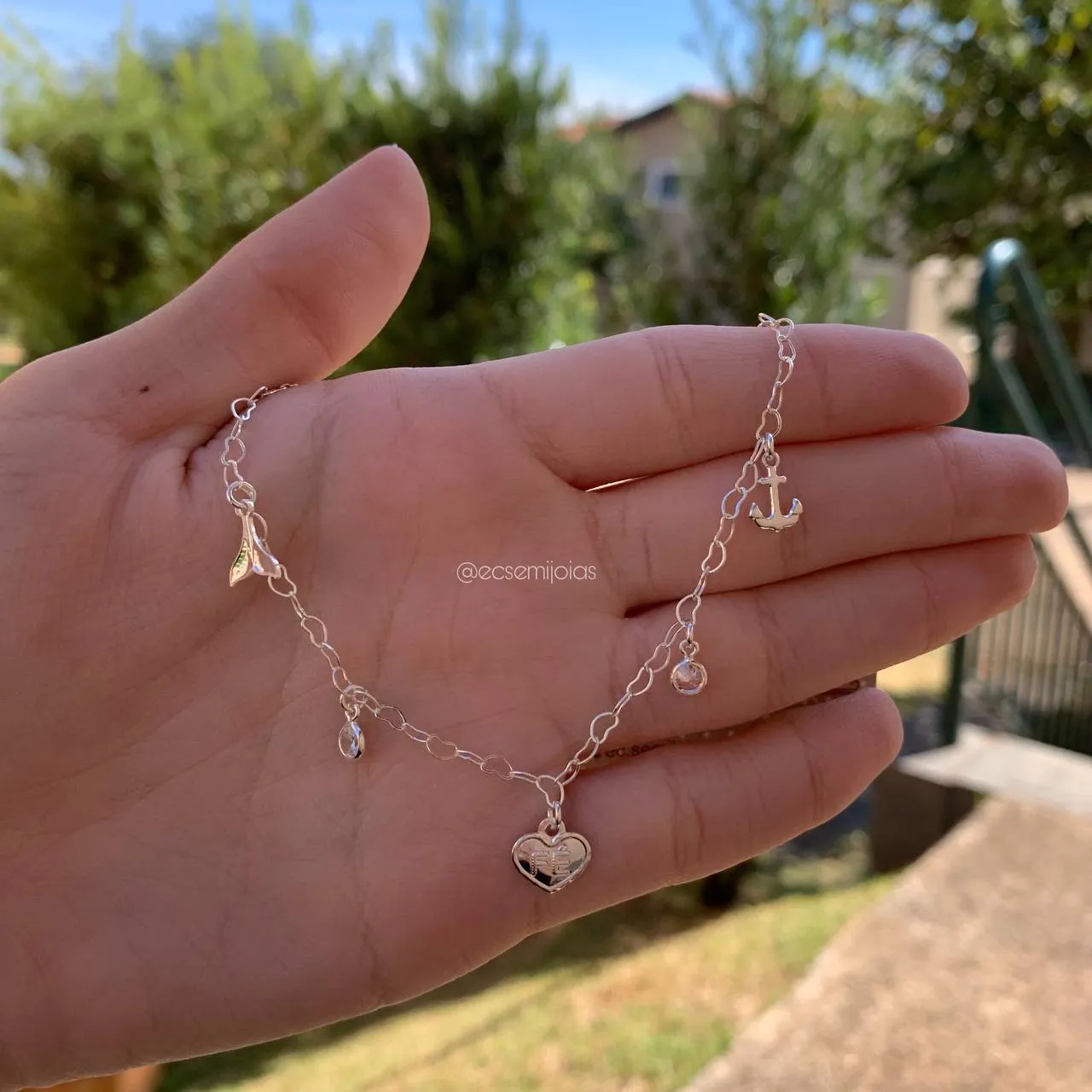 Pulseira calda de sereia ponto de luz coração fé âncora - 19 cm - banhado a prata 925