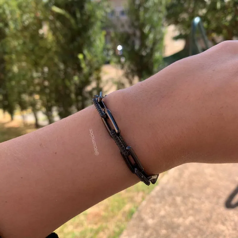 Pulseira elo retangular cravejado - 17 cm + 5 cm - banhado a ródio negro