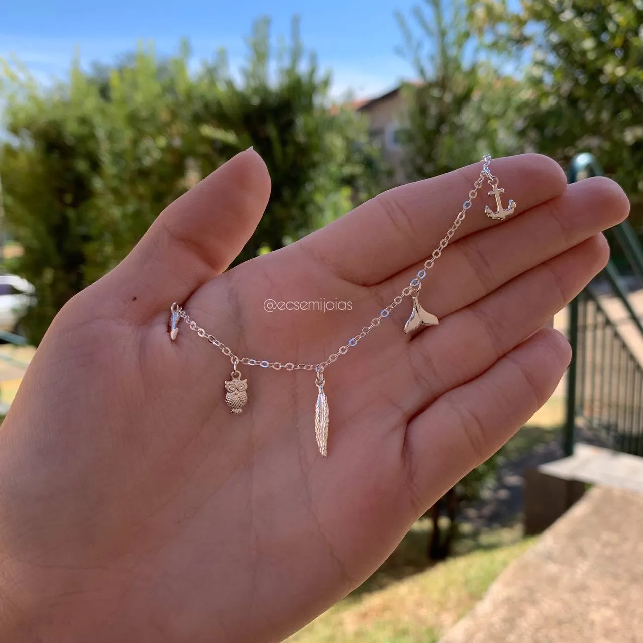 Pulseira flecha coruja folha calda de sereia âncora - 17 cm + 5 cm de extensor - banhado a prata 925
